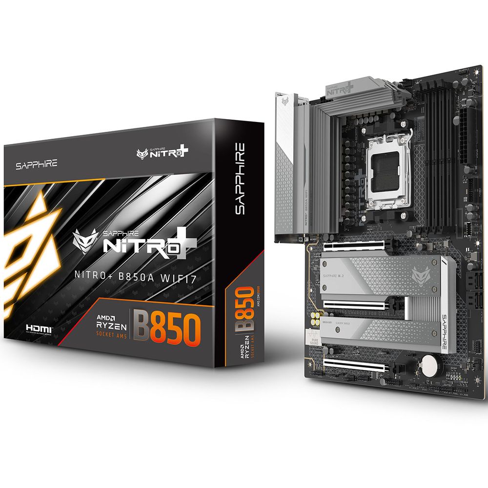 Материнская плата Sapphire B850A NITRO+ WIFI7 B850, AM5, 4*DDR5, 3*PCIEx16, 3*M.2, 2*TypeC, 3*USB3.2Gen2, 2*USB3.2Gen1, 6*USB2.0, 4*SATA3.0, 2.5G, DP, HDMI, ATX, RTL — изображение 7