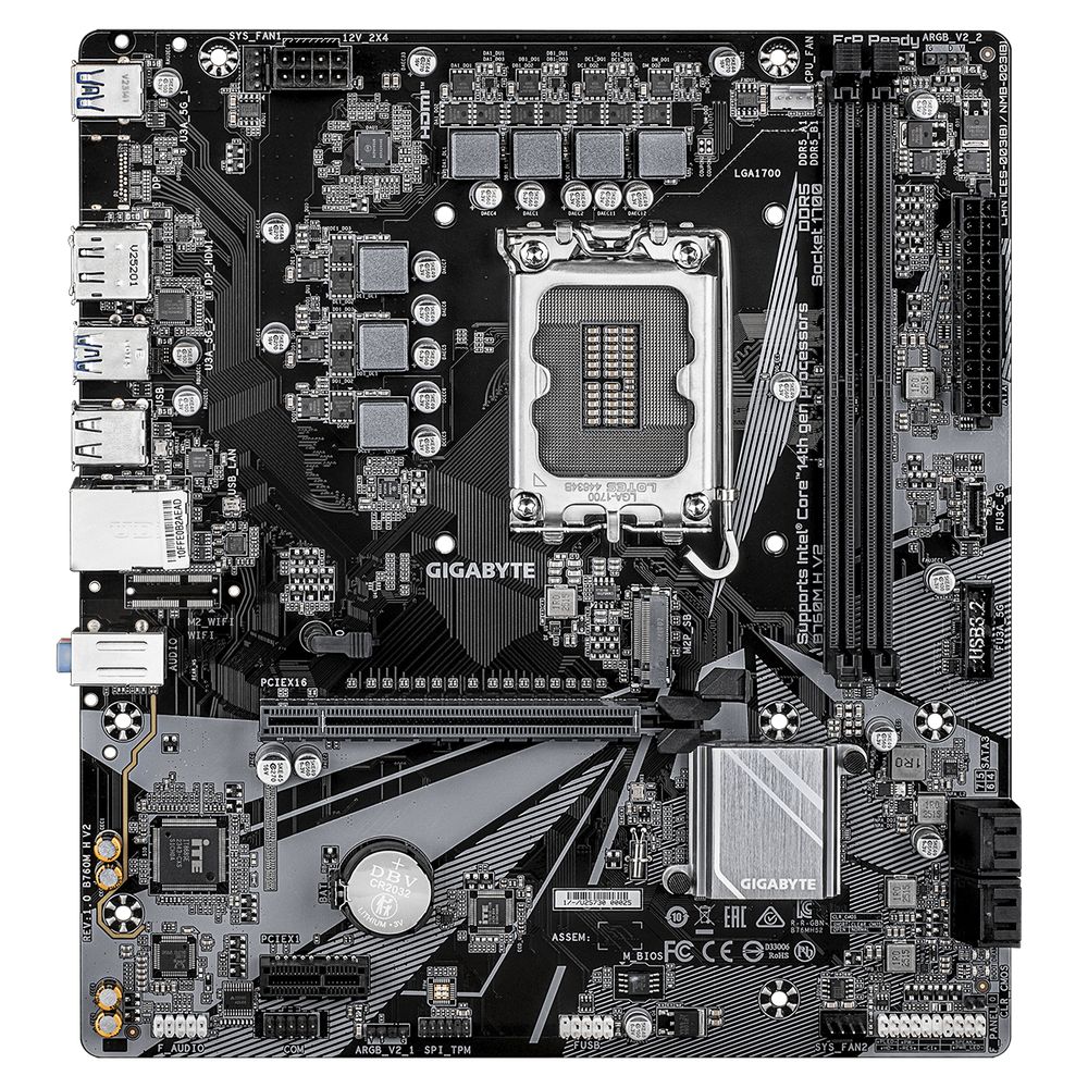 Материнская плата Gigabyte Bad Pack B760M H V2, Socket 1700, Intel®B760, 2xDDR5-4800, HDMI+DP, 1xPCI-Ex16, 1xPCI-Ex1, 4xSATA3(RAID 0/1/5/10), 1xM.2, 8Ch Audio, GLan, (4+2)xUSB2.0, (3+2)xUSB3.2, (0+1)xUSB3.2 Type-C™, mATX, RTL bp — изображение 3