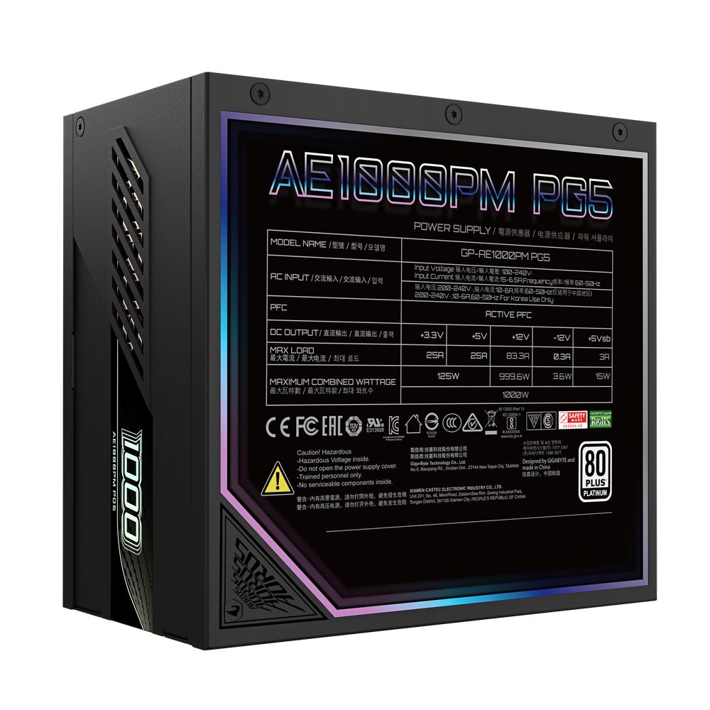 Блок питания ПК Gigabyte AE1000PM PG5 1000W, 80Plus, Platinum, Полностью модульный, PCIe Gen 5.1, ATX 3.0 compatible — изображение 8