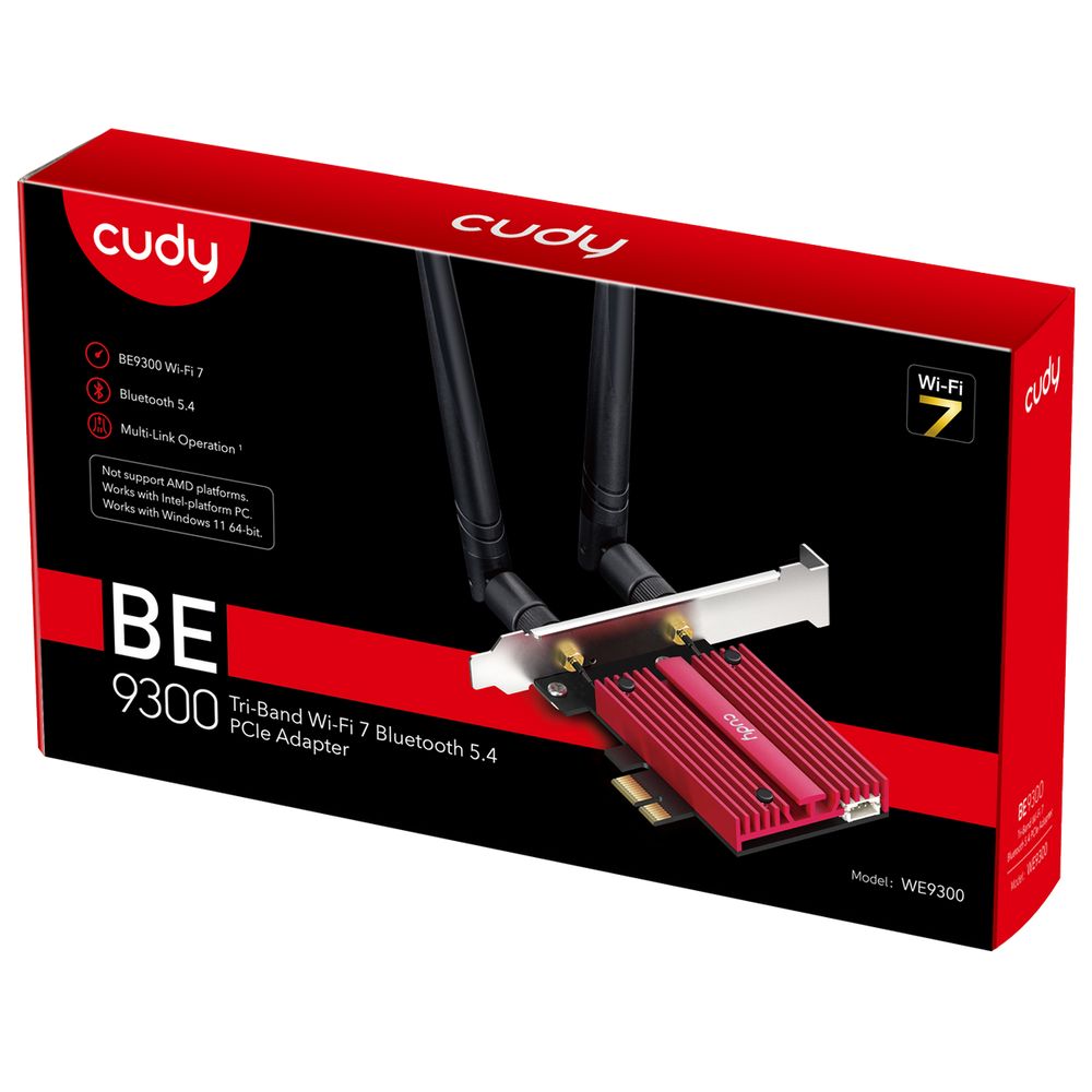 Адаптер беспроводной связи (Wi-Fi) CUDY BE9300 PCI Express Adapter Bluetooth 5.4 PCI Express Adapter with Heatsink, Intel BE200 module, Tri-band 2T2R, Magnetized antenna base, 2 high gain detachable antennas — изображение 6