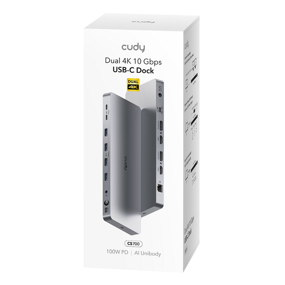 Концентратор CUDY 13-IN-1 10Gbps USB-C Dual 4K Docking Station | 150W PSU Up to One 5K(5120x2880p60) or Two 4K(4096x2160p60) Video output, 2 x Display 1.2a Port, 2 x HDMI 2.0 Port;1 x 10Gbps Upstream USB-C 3.2Gen2 port (PD 100W); 2 x 10Gbps USB-C 3.2Gen2 ports (Up to 15W per port); — изображение 6