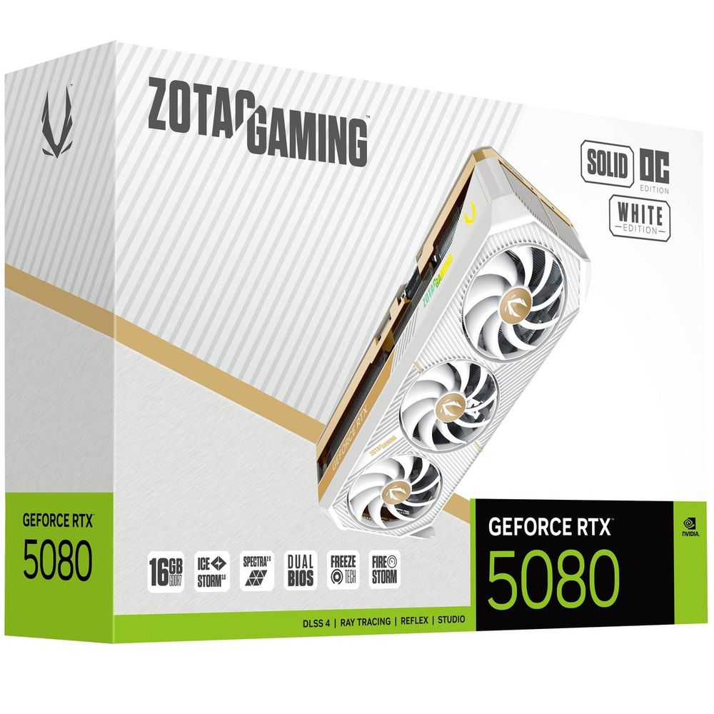 Видеокарта Zotac Bad Pack RTX5080 SOLID OC WHITE ED 16GB GDDR7 256bit 3xDP HDMI 3FAN PREMIUM PACK — изображение 8