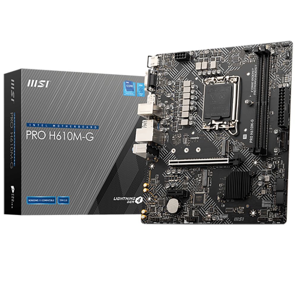 Материнская плата MSI PRO H610M-G H610, LGA1700, 2*DDR5, 1*PCIEx16, 1*PCIEx1, 1*M.2, 4*USB3.2Gen1, 6*USB2.0, 4*SATA3.0, 1G, VGA, DP, HDMI, M-ATX, BULK