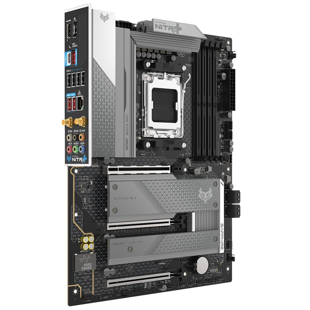Материнская плата Sapphire B850A NITRO+ WIFI7 B850, AM5, 4*DDR5, 3*PCIEx16, 3*M.2, 2*TypeC, 3*USB3.2Gen2, 2*USB3.2Gen1, 6*USB2.0, 4*SATA3.0, 2.5G, DP, HDMI, ATX, RTL — изображение 3