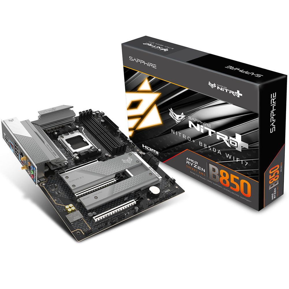 Материнская плата Sapphire B850A NITRO+ WIFI7 B850, AM5, 4*DDR5, 3*PCIEx16, 3*M.2, 2*TypeC, 3*USB3.2Gen2, 2*USB3.2Gen1, 6*USB2.0, 4*SATA3.0, 2.5G, DP, HDMI, ATX, RTL