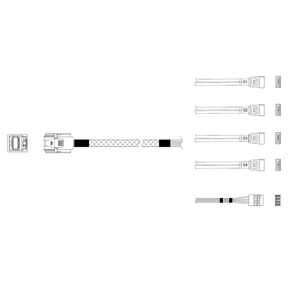 Кабель Miradeed MD-6715030, HDmSAS SFF8643 -to- 4*SATA + SideBand, 12G, 85 Ohm, 100cm