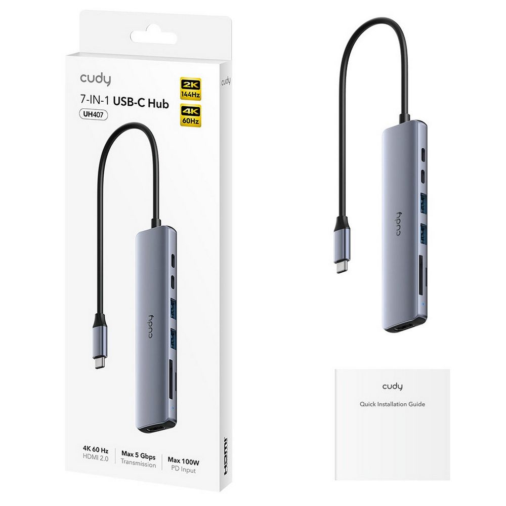 Концентратор CUDY UH407 7-IN-1 USB C Hub with 4K HDMI 7-IN-1 USB Hub, Aluminium housing, 1 USB-C 3.0 5Gbps male connecter with 25cm cable, 1x 4K@60Hz HDMI Port, 1x 100W USB-C port for PD Charging, 2 USB-A 3.0 5Gbps Data Port, 1 USB-C 3.0 5Gbps Data Port, 1 x SD Card Slot,1 x TF(MicroSD) Card Slot, compatible — изображение 2