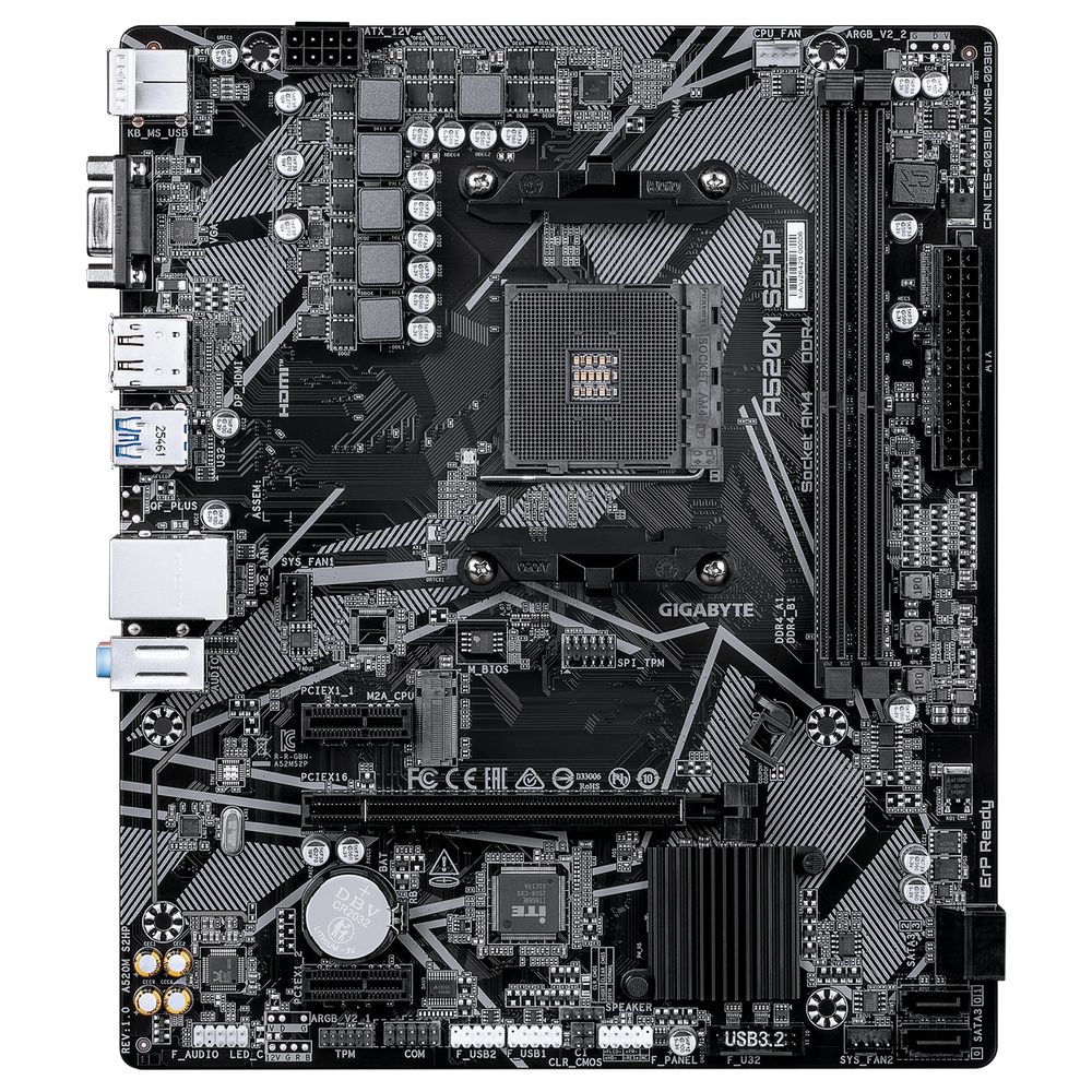 Материнская плата Gigabyte A520M S2HP A520, AM4, 2*DDR4, 1*PCIEx16, 2*PCIEx1, 1*M.2, 6*USB3.2Gen1, 8*USB2.0, 4*SATA3.0, 1G, VGA, DP, HDMI, M-ATX, RTL — изображение 2