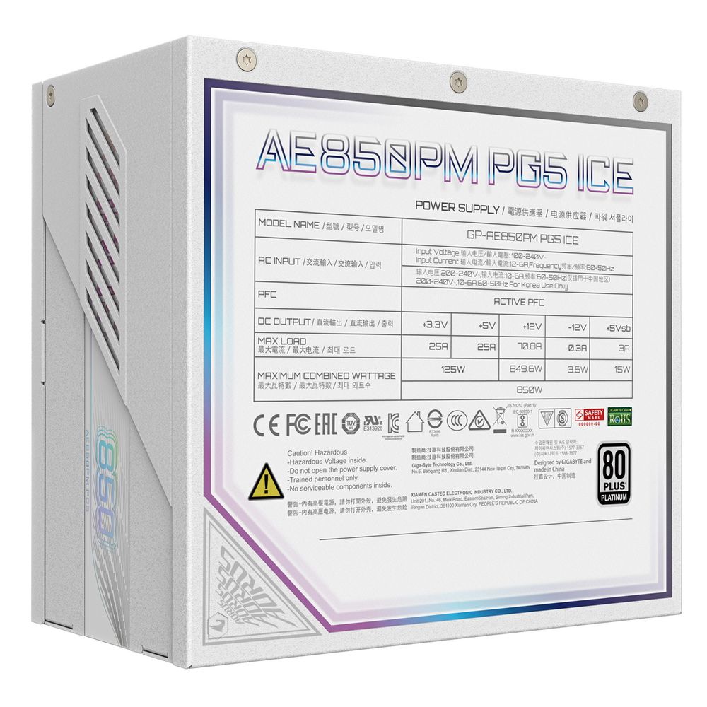 Блок питания ПК Gigabyte AE850PM PG5 ICE 850W, 80Plus, Platinum, Полностью модульный, PCIe Gen 5.1, ATX 3.0 compatible. 28200-AE85W-1EUR — изображение 6