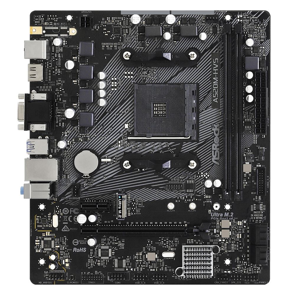 Материнская плата ASRock A520M-HVS, Socket AM4, AMD A520, 2xDDR4-3200, D-SUB+HDMI, 1xPCI-Ex16, 1xPCI-Ex1, 4xSATA3(RAID 0/1/10), 1xM.2, 8 Ch Audio, GLan, (2+4)xUSB2.0, (4+2)xUSB3.2, 1xPS/2, mATX, RTL {20} — изображение 2