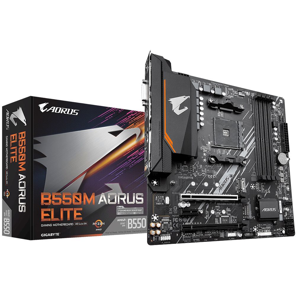Материнская плата Gigabyte B550M AORUS ELITE, Socket AM4, AMD B550, 4xDDR4-3200, DVI-D+HDMI, 2xPCI-Ex16, 1xPCI-Ex1, 4xSATA3(RAID 0/1/10), 2xM.2, 8 Ch Audio, GLan, (4+2)xUSB2.0, (4+2)xUSB3.2, 1xPS/2, mATX, RTL {10} (809546) — изображение 2