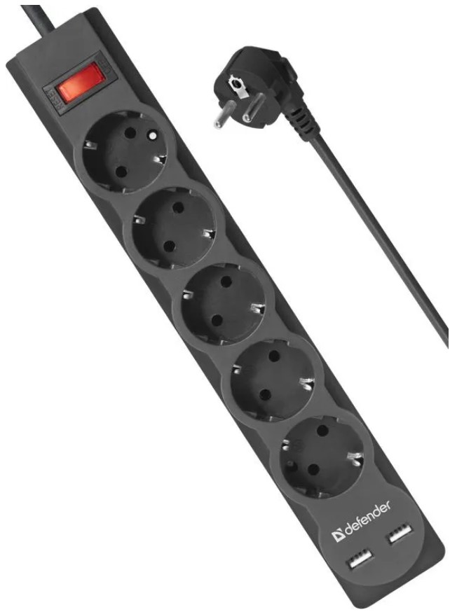 Сетевой фильтр DFS 755 5М 5 розеток 10А 2хUSB черный 99755 DEFENDER — изображение 3