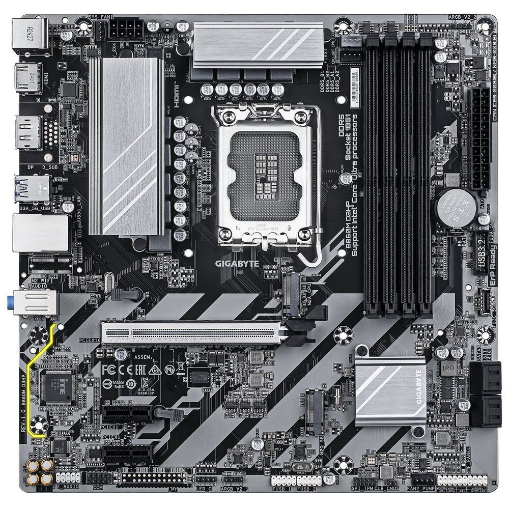 Материнская плата Gigabyte Bad Pack B860M D3HP, Socket 1851, Intel®B860, 4xDDR5-6400, HDMI+DP, 1xPCI-Ex16, 2xPCI-Ex1, 4xSATA3(RAID 0/1/5/10), 2xM.2, 8Ch Audio, GLan, (2+4)xUSB2.0, (3+2)xUSB3.2, (0+1)xUSB Type-C™, 1xPS/2, mATX, RTL bp — изображение 2