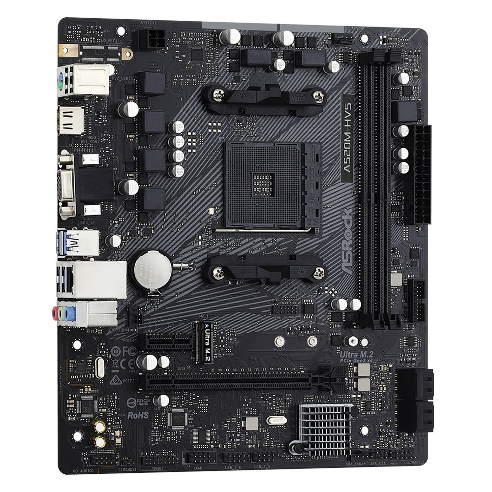 Материнская плата ASRock A520M-HVS, Socket AM4, AMD A520, 2xDDR4-3200, D-SUB+HDMI, 1xPCI-Ex16, 1xPCI-Ex1, 4xSATA3(RAID 0/1/10), 1xM.2, 8 Ch Audio, GLan, (2+4)xUSB2.0, (4+2)xUSB3.2, 1xPS/2, mATX, RTL {20} — изображение 3