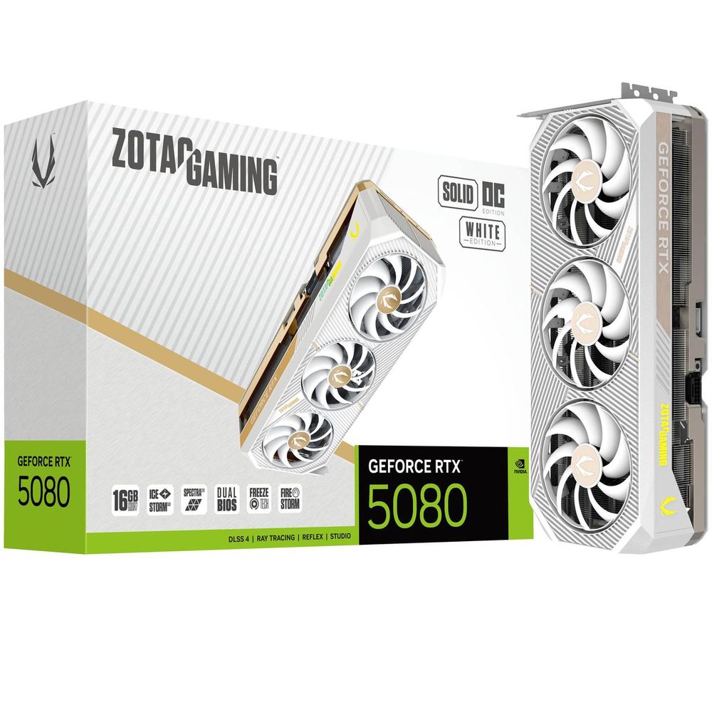 Видеокарта Zotac RTX5080 SOLID OC WHITE ED 16GB GDDR7 256bit 3xDP HDMI 3FAN PREMIUM PACK