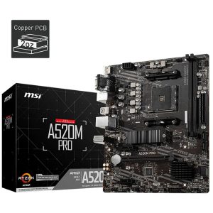 Материнская плата MSI A520M PRO A520, AM4, 2*DDR4, 1*PCIEx16, 2*PCIEx1, 1*M.2, 6*USB3.2Gen1, 6*USB2.0, 4*SATA3.0, 1G, VGA, DP, HDMI, M-ATX, RTL