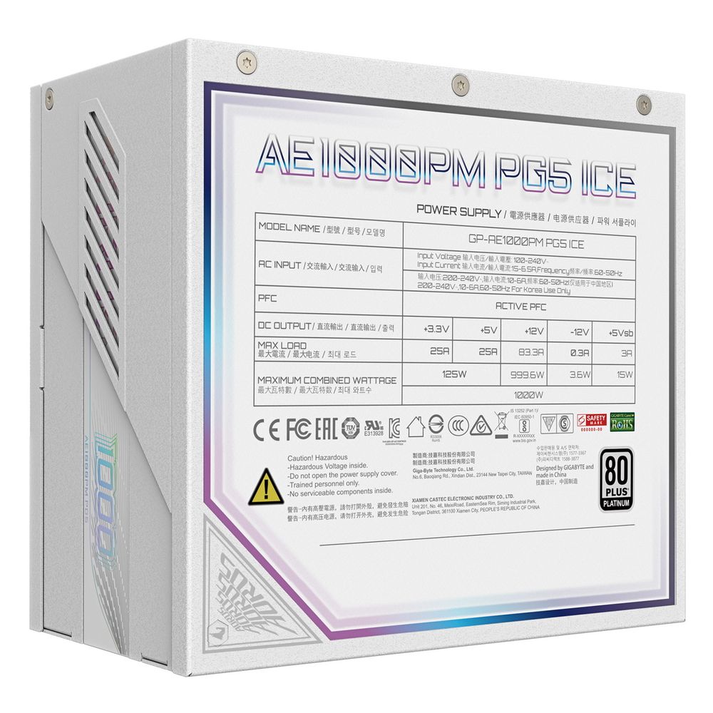 Блок питания ПК Gigabyte AE1000PM PG5 ICE 1000W, 80Plus, Platinum, Полностью модульный, PCIe Gen 5.1, ATX 3.0 compatible. 28200-AE85W-1EUR — изображение 6