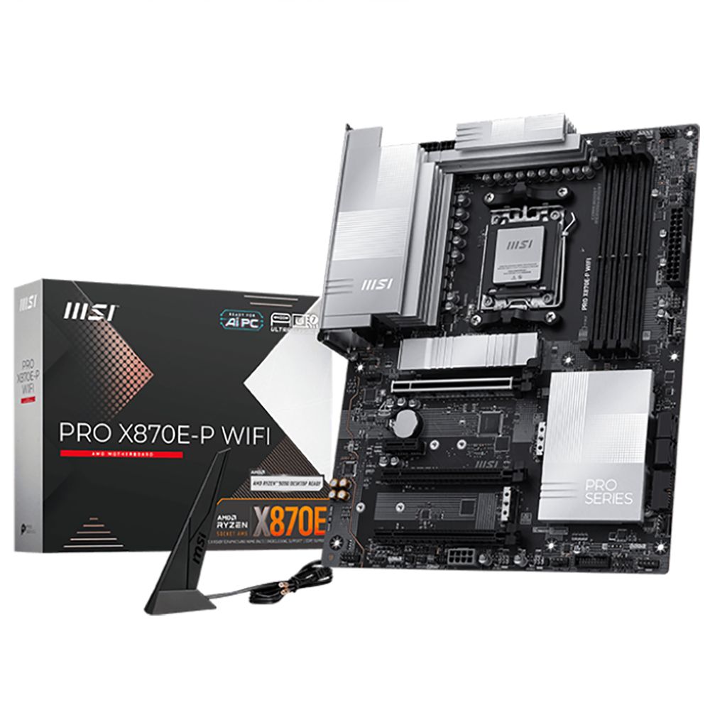 Материнская плата MSI PRO X870E-P WIFI X870E, AM5, 4*DDR5, 3*PCIEx16, 1*PCIEx1, 3*M.2, 2*TypeC, 2*USB3.2Gen2, 6*USB3.2Gen1, 10*USB2.0, 4*SATA3.0, 5G, Type-C(DP), HDMI, ATX, RTL