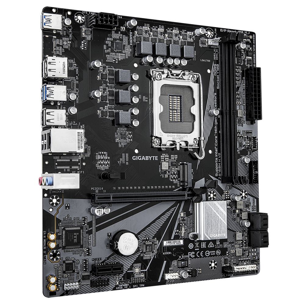 Материнская плата Gigabyte Bad Pack B760M H V2, Socket 1700, Intel®B760, 2xDDR5-4800, HDMI+DP, 1xPCI-Ex16, 1xPCI-Ex1, 4xSATA3(RAID 0/1/5/10), 1xM.2, 8Ch Audio, GLan, (4+2)xUSB2.0, (3+2)xUSB3.2, (0+1)xUSB3.2 Type-C™, mATX, RTL bp — изображение 4