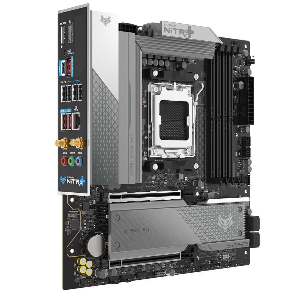 Материнская плата Sapphire B850M NITRO+ WIFI B850, AM5, 4*DDR5, 2*PCIEx16, 2*M.2, 2*TypeC, 3*USB3.2Gen2, 2*USB3.2Gen1, 6*USB2.0, 4*SATA3.0, 2.5G, DP, HDMI, M-ATX, RTL — изображение 3
