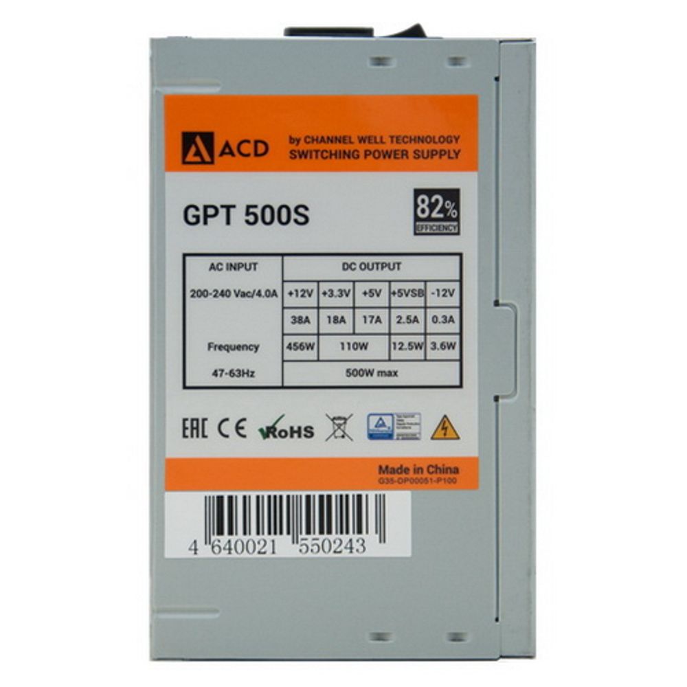 Блок питания ACD GPT500S (GPT-500S) 500W, 82% (max 85%), 120mm FAN, PCIE 6+2PIN*1, OEM {10} — изображение 4