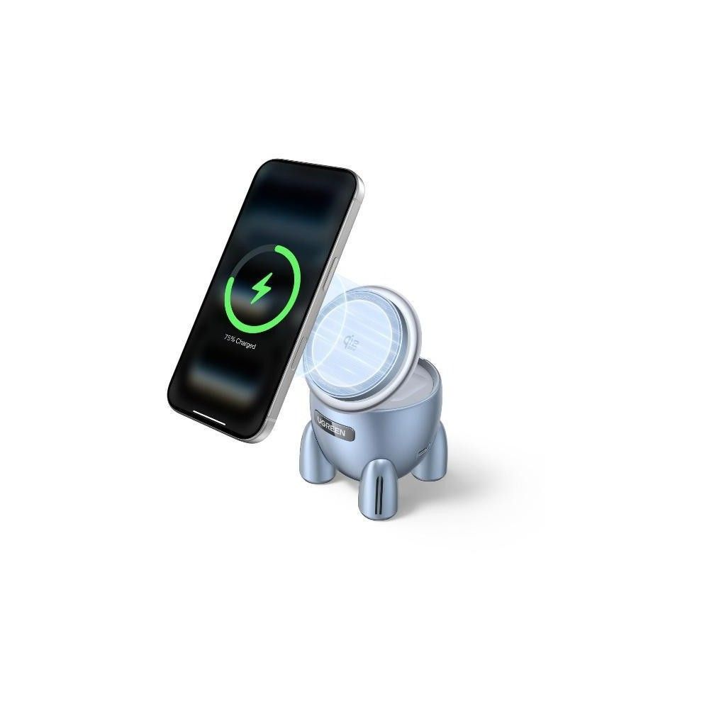 Магнитное зарядное устройство UGREEN W713 (65300) UNO 2-in-1 Magnetic 25W Wireless Qi2 Charger. Цвет: серебристо-голубой — изображение 2