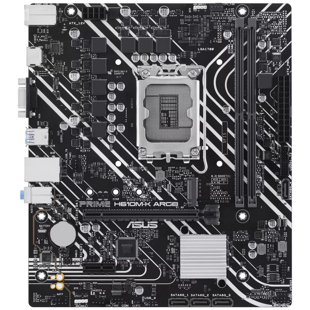Материнская плата ASUS PRIME H610M-K ARGB H610, LGA1700, 2*DDR5, 1*PCIEx16, 1*PCIEx1, 1*M.2, 2*USB3.2Gen2, 1*USB3.2Gen1, 6*USB2.0, 4*SATA3.0, 1G, VGA, HDMI, M-ATX, RTL — изображение 2