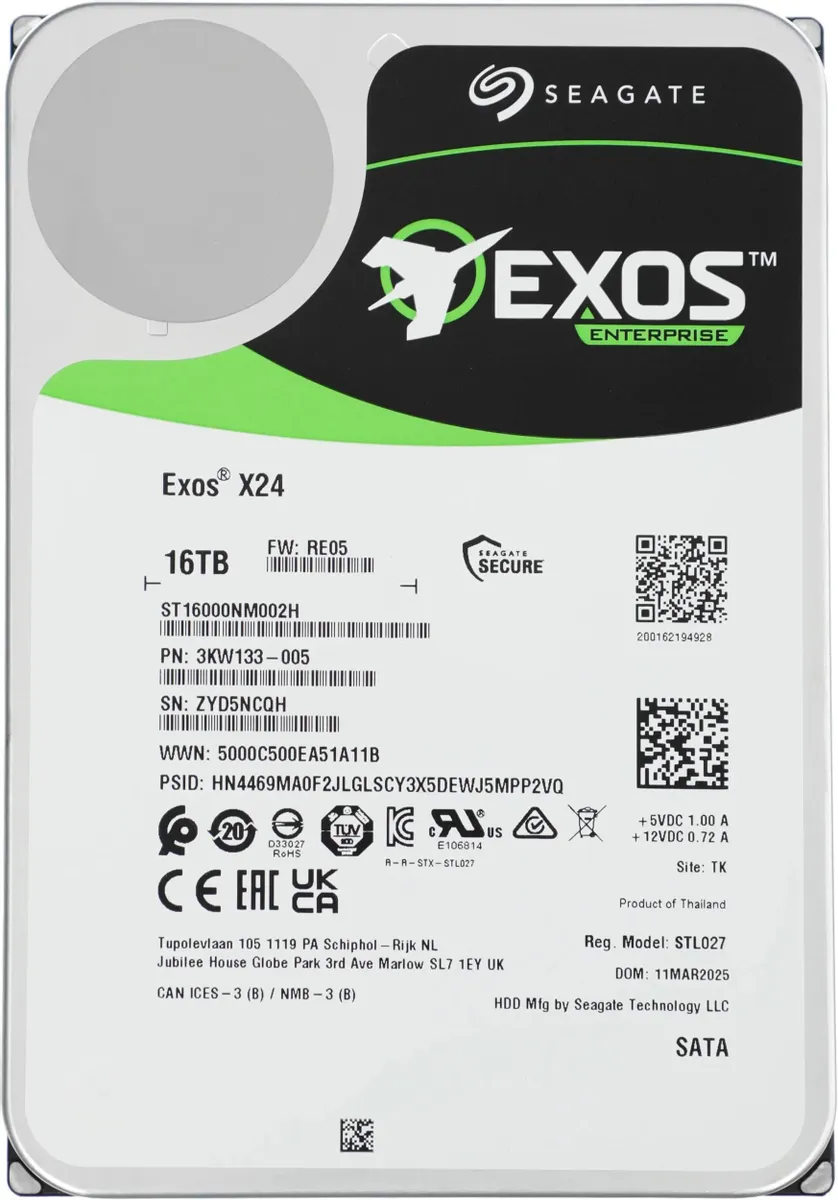 Жесткий диск SATA 16TB EXOS X24 7200RPM 6GB/S 512MB ST16000NM002H SEAGATE — изображение 3