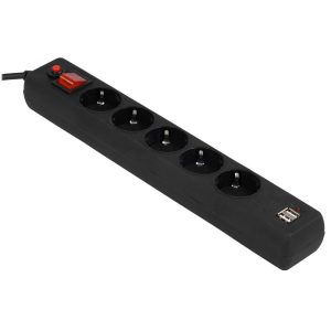 Сетевой фильтр Гарнизон ECL-5-U2-B-1.8 черный, 2 розетки USB A (12 Вт Max), 5 розеток Schuko (евро), 10А, 1,8м, ур.защиты 4, пакет