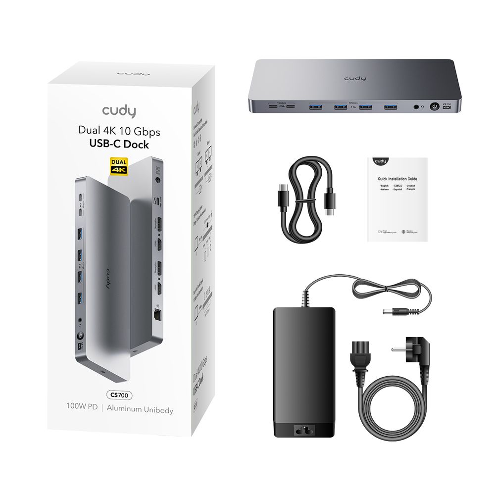 Концентратор CUDY 13-IN-1 10Gbps USB-C Dual 4K Docking Station | 150W PSU Up to One 5K(5120x2880p60) or Two 4K(4096x2160p60) Video output, 2 x Display 1.2a Port, 2 x HDMI 2.0 Port;1 x 10Gbps Upstream USB-C 3.2Gen2 port (PD 100W); 2 x 10Gbps USB-C 3.2Gen2 ports (Up to 15W per port); — изображение 5