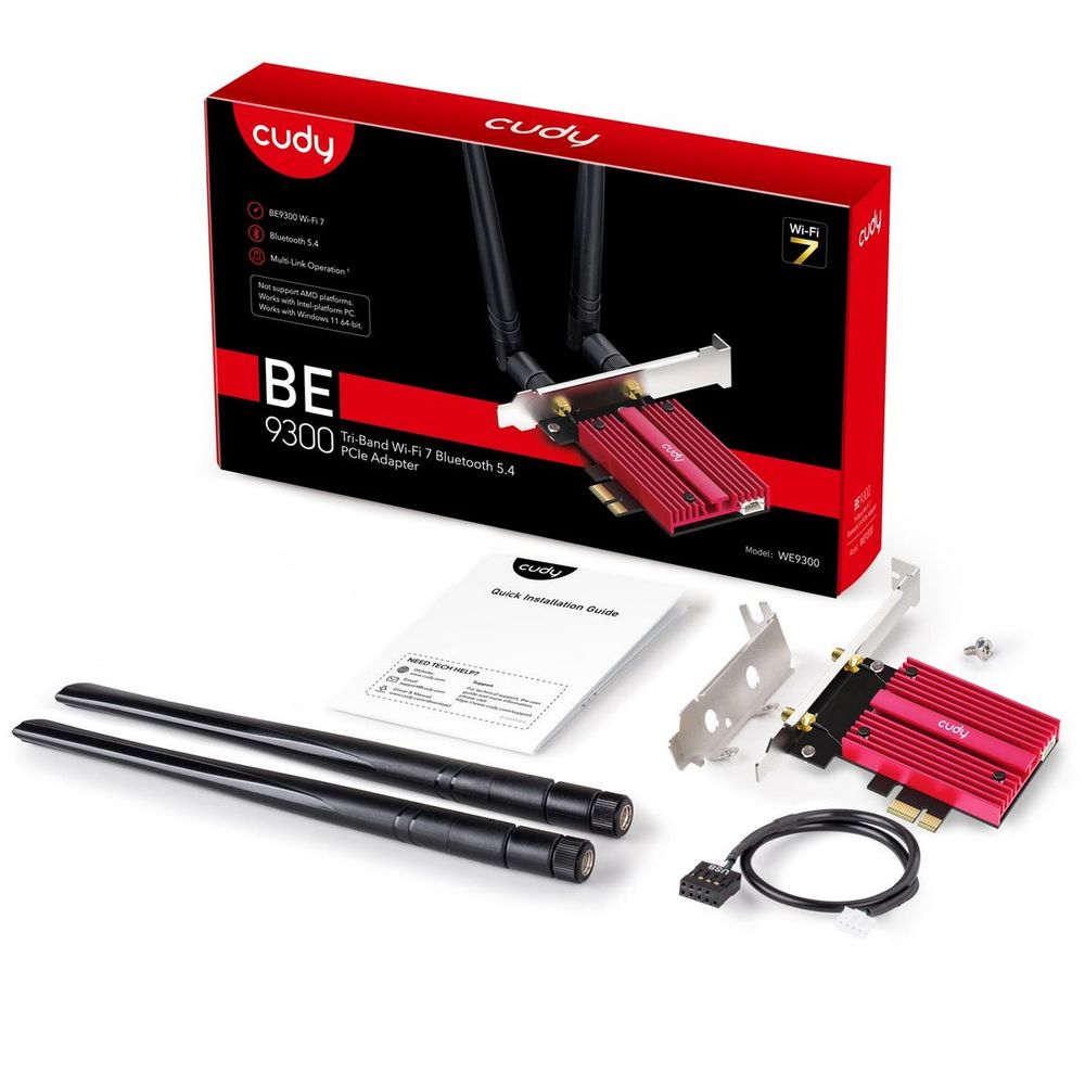 Адаптер беспроводной связи (Wi-Fi) CUDY BE9300 PCI Express Adapter Bluetooth 5.4 PCI Express Adapter with Heatsink, Intel BE200 module, Tri-band 2T2R, Magnetized antenna base, 2 high gain detachable antennas — изображение 5