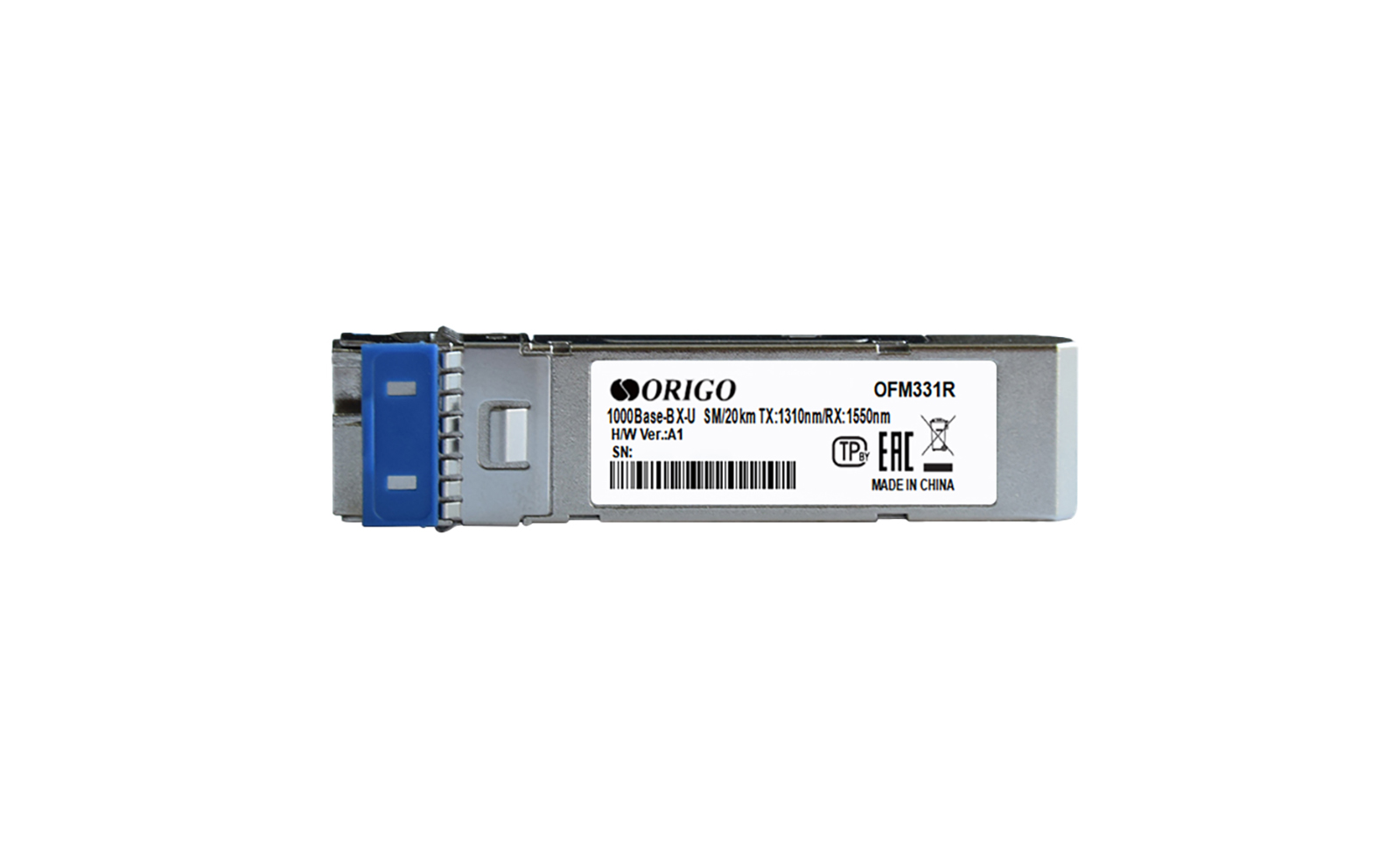 Трансивер WDM SFP, 1000Base-BX-U (Simplex LC), Tx:1310 нм, Rx:1550 нм, для одномодового кабеля, до 20 км