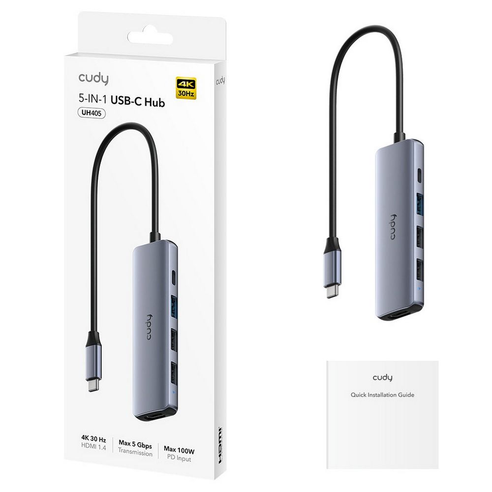 Концентратор CUDY UH405 5-IN-1 USB-C Hub with 4K HDMI 5-IN-1 USB Hub, Aluminium housing,1 USB-C 3.0 5Gbps male connecter with 25cm cable, 1x 4K@30Hz HDMI Port, 1x 100W USB-C port for PD Charging, 1 USB-A 3.0 5Gbps Port, 2 USB-A 2.0 Data Ports, compatible with MacBook, Mac Pro, Mac mini, iMac, Surface Pro, XP — изображение 2