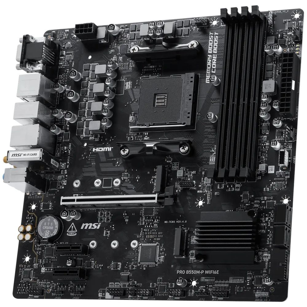 Материнская плата MSI PRO B550M-P WIFI6E B550, AM4, 4*DDR4, 1*PCIEx16, 2*PCIEx1, 2*M.2, 1*TypeC, 6*USB3.2Gen1, 6*USB2.0, 4*SATA3.0, 1G, VGA, DP, HDMI, ATX, RTL — изображение 3
