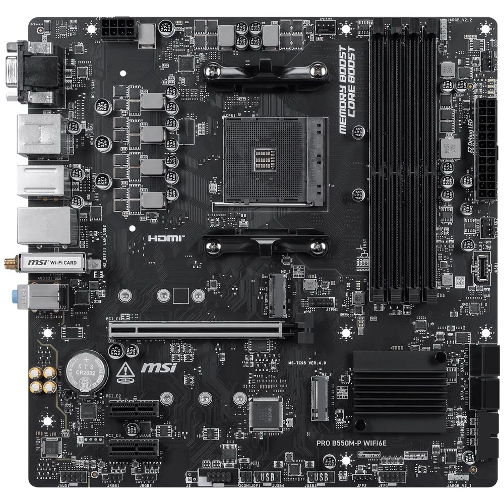 Материнская плата MSI PRO B550M-P WIFI6E B550, AM4, 4*DDR4, 1*PCIEx16, 2*PCIEx1, 2*M.2, 1*TypeC, 6*USB3.2Gen1, 6*USB2.0, 4*SATA3.0, 1G, VGA, DP, HDMI, ATX, RTL — изображение 2
