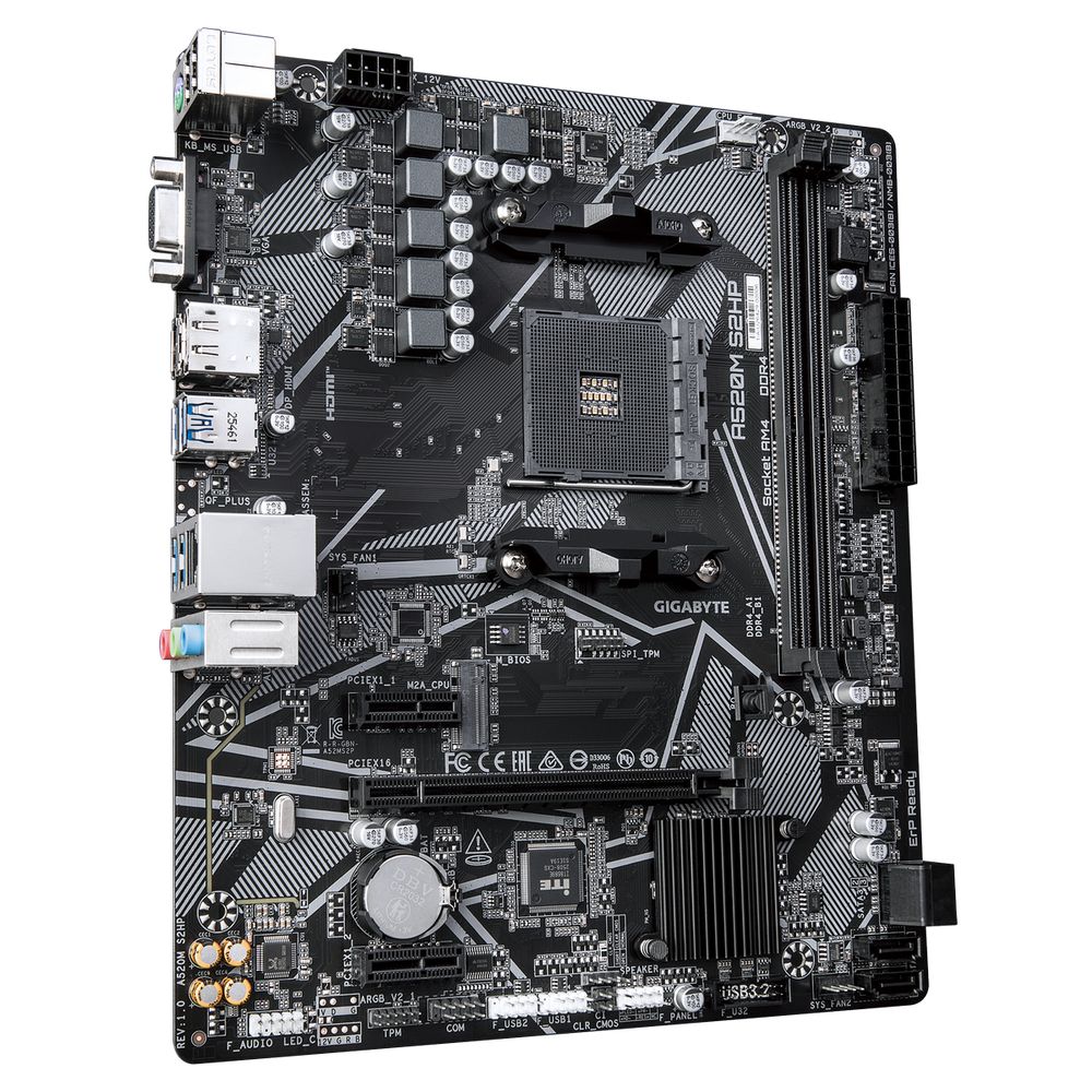 Материнская плата Gigabyte A520M S2HP A520, AM4, 2*DDR4, 1*PCIEx16, 2*PCIEx1, 1*M.2, 6*USB3.2Gen1, 8*USB2.0, 4*SATA3.0, 1G, VGA, DP, HDMI, M-ATX, RTL — изображение 3