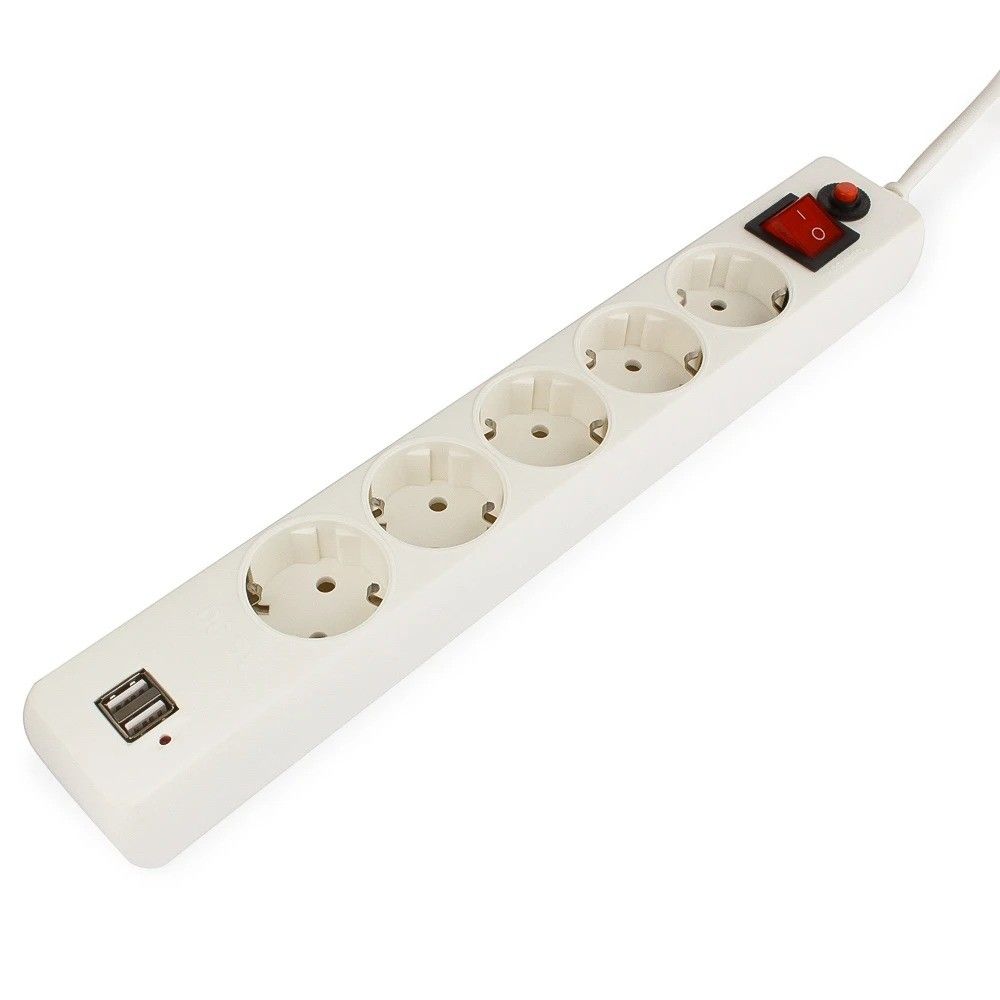 Сетевой фильтр Гарнизон ECL-5-U2-W-1.8 белый, 2 розетки USB A (12 Вт Max), 5 розеток Schuko (евро), 10А, 1,8м, ур.защиты 4, пакет — изображение 2