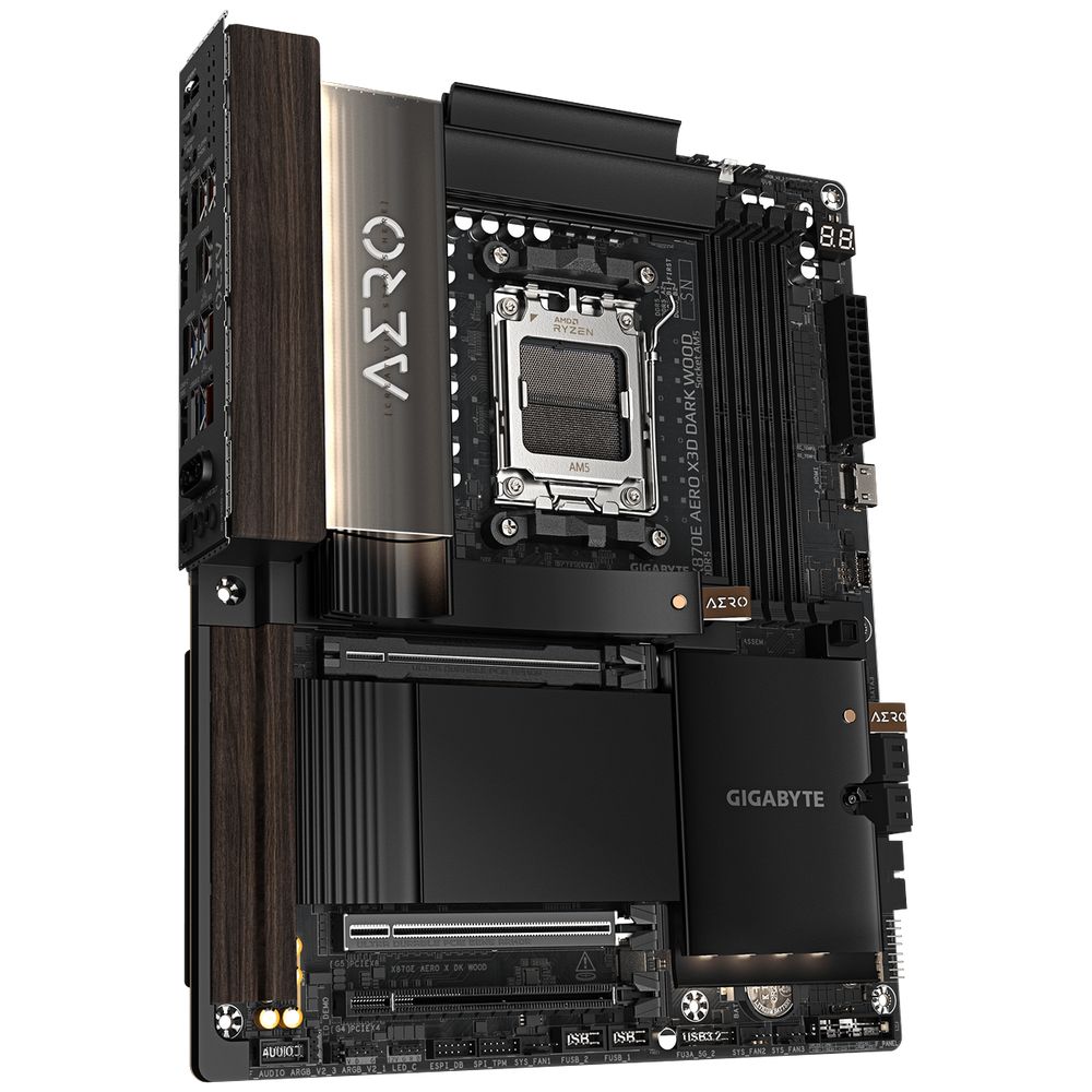 Материнская плата Gigabyte X870E AERO X3D DARK WOOD X870E, AM5, 4*DDR5, 3*PCIEx16, 4*M.2, 1*TypeC, 5*USB3.2Gen2, 7*USB3.2Gen1, 4*USB2.0, 4*SATA3.0, 2*5G, 2*Type-C(DP), HDMI, ATX, RTL — изображение 3