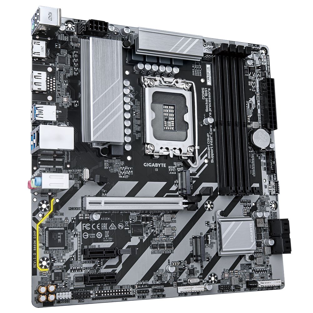 Материнская плата Gigabyte Bad Pack B860M D3HP, Socket 1851, Intel®B860, 4xDDR5-6400, HDMI+DP, 1xPCI-Ex16, 2xPCI-Ex1, 4xSATA3(RAID 0/1/5/10), 2xM.2, 8Ch Audio, GLan, (2+4)xUSB2.0, (3+2)xUSB3.2, (0+1)xUSB Type-C™, 1xPS/2, mATX, RTL bp — изображение 3