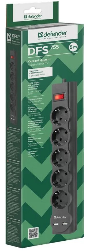 Сетевой фильтр DFS 755 5М 5 розеток 10А 2хUSB черный 99755 DEFENDER — изображение 7