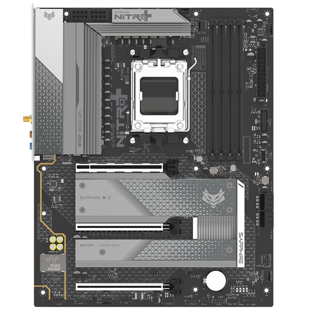Материнская плата Sapphire B850A NITRO+ WIFI7 B850, AM5, 4*DDR5, 3*PCIEx16, 3*M.2, 2*TypeC, 3*USB3.2Gen2, 2*USB3.2Gen1, 6*USB2.0, 4*SATA3.0, 2.5G, DP, HDMI, ATX, RTL — изображение 2