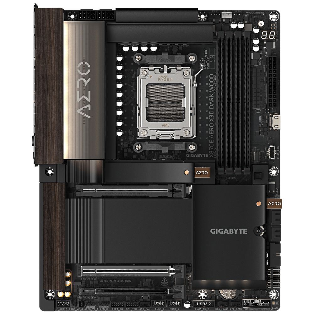 Материнская плата Gigabyte X870E AERO X3D DARK WOOD X870E, AM5, 4*DDR5, 3*PCIEx16, 4*M.2, 1*TypeC, 5*USB3.2Gen2, 7*USB3.2Gen1, 4*USB2.0, 4*SATA3.0, 2*5G, 2*Type-C(DP), HDMI, ATX, RTL — изображение 2